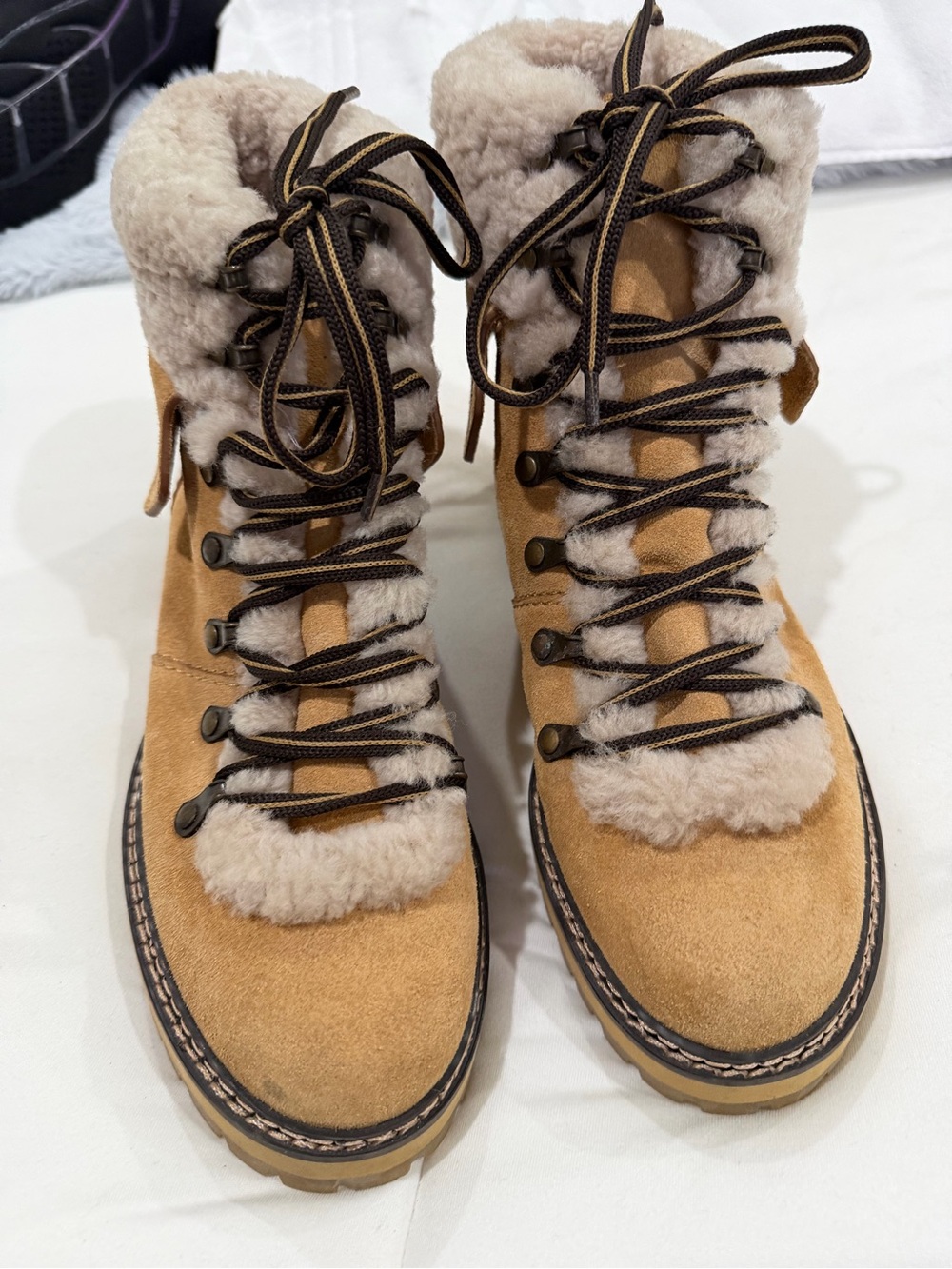 See By Chloé Tan Suede Shearling Lace-Up Ankle Boots